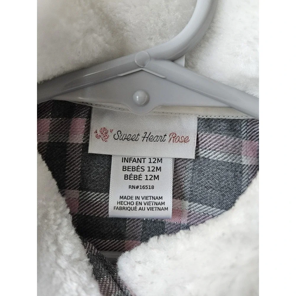 Sweet Heart Rose Baby Girl Lightweight Plaid Coat Faux‎ Fur Gray Pink 12M